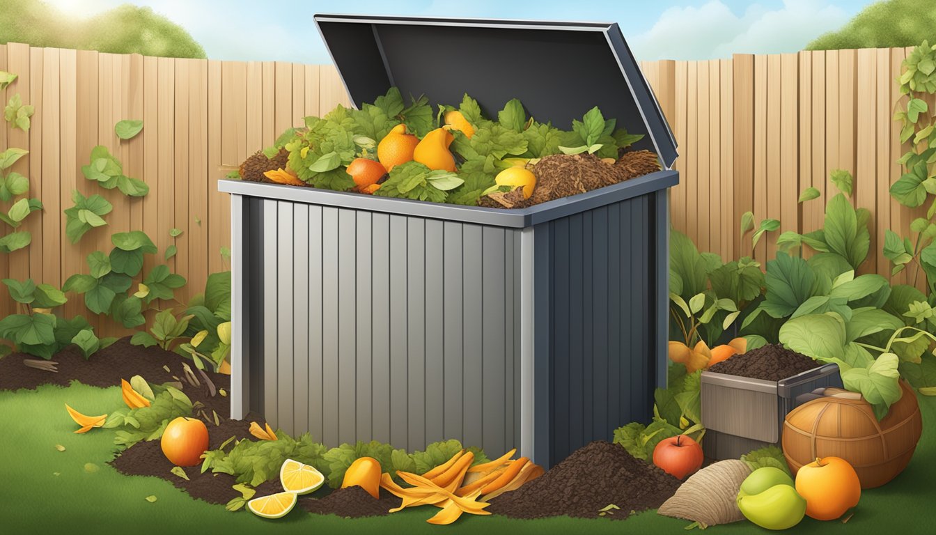 A backyard compost bin surrounded by a variety of organic materials such as fruit peels, leaves, and grass clippings