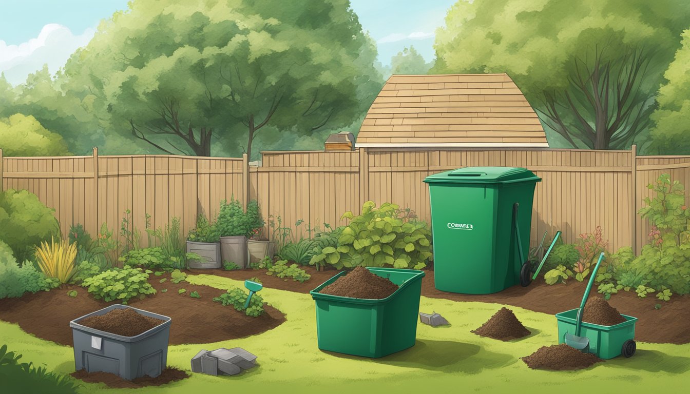 A backyard in Portland, Oregon with a compost bin, shovel, and various organic waste materials scattered around. The setting is lush and green with trees and plants in the background