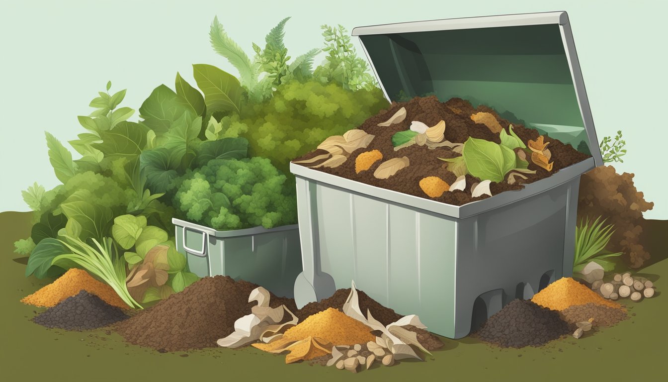 A diverse array of organic waste materials arranged in layers within a compost bin, with a mix of green and brown materials