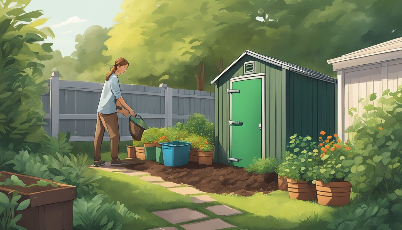 A person tending to a compost bin in a backyard garden, surrounded by greenery and a small shed in the background