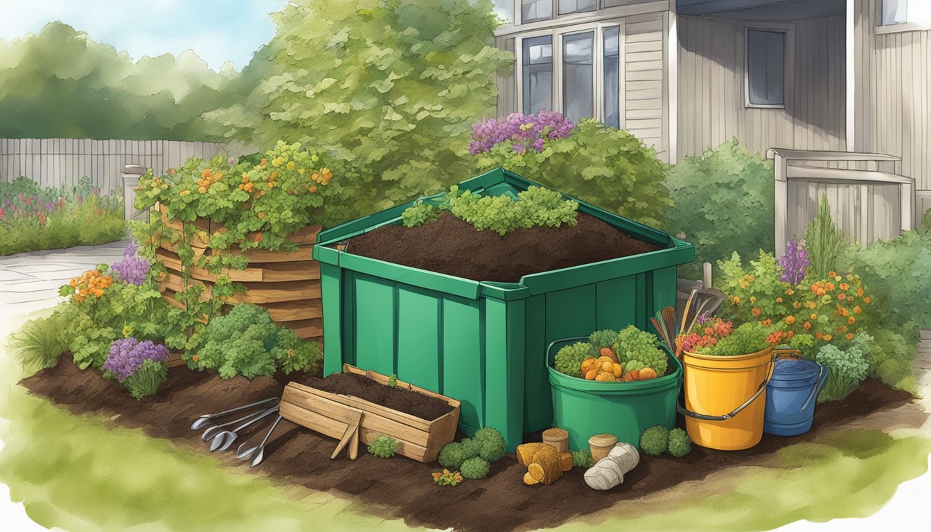 A backyard compost bin surrounded by various organic materials and gardening tools in North Charleston, SC