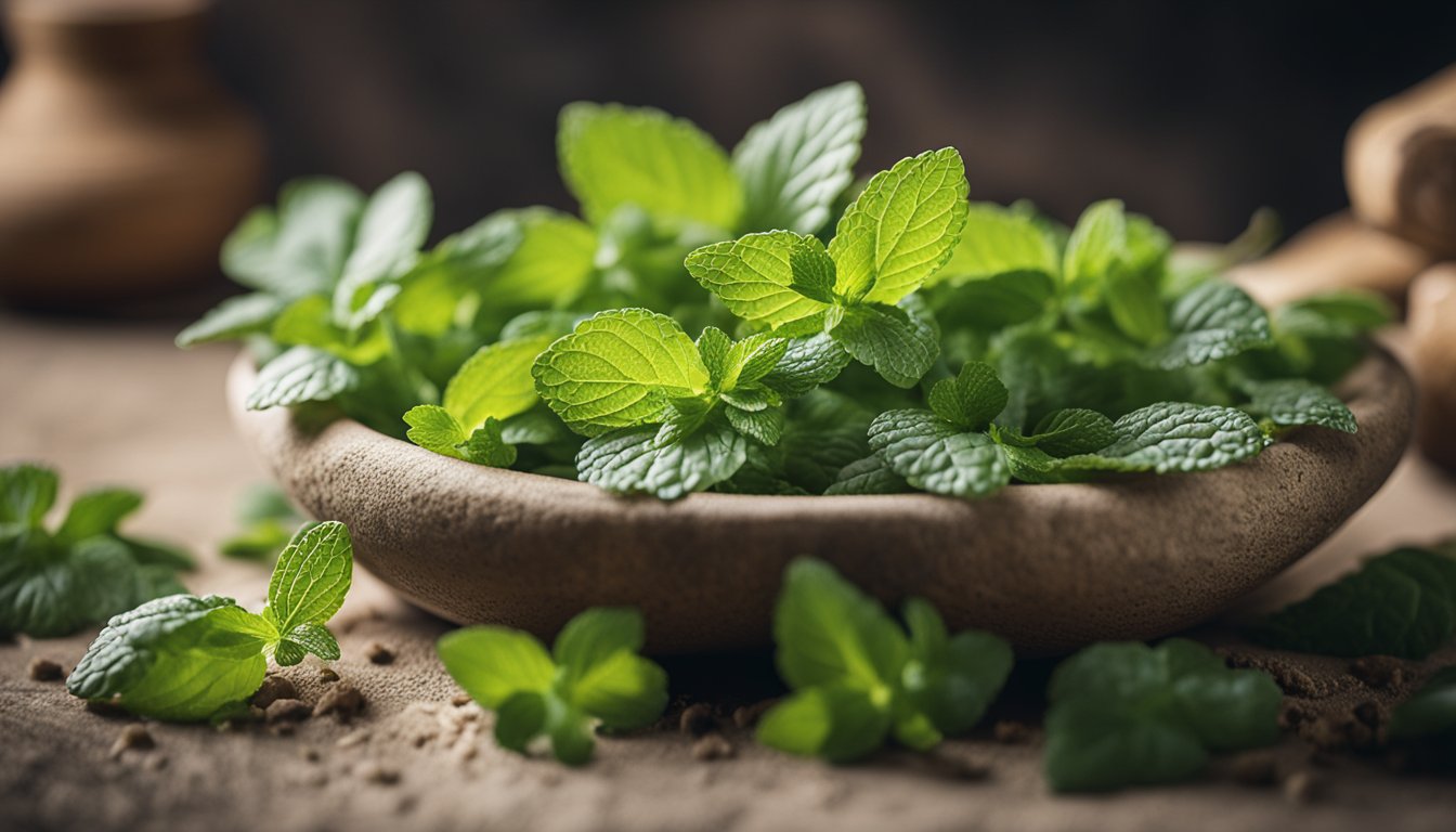 Freshly crushed lemon balm leaves in a stone mortar, releasing their fragrant oils