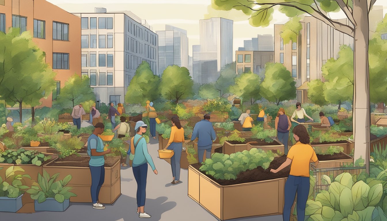 A lush garden with compost bins, a diverse group of people learning and working together, surrounded by trees and urban buildings in Portland, OR