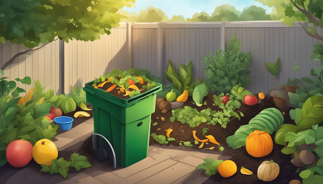 A lush backyard garden with a compost bin, surrounded by various types of organic waste such as fruit peels, vegetable scraps, and yard trimmings