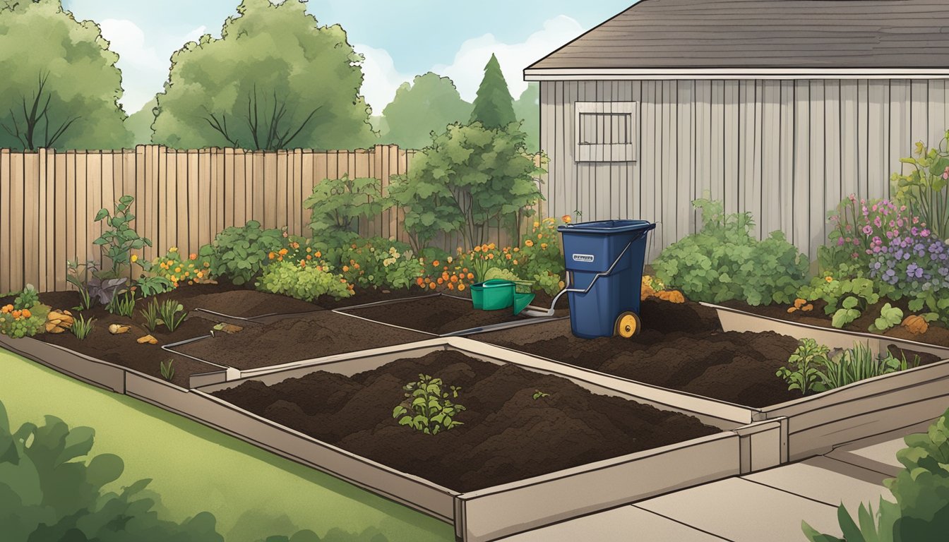 A backyard in Gresham, OR with a compost bin, a shovel, and various organic waste materials scattered around. A small garden nearby shows signs of healthy, nutrient-rich soil