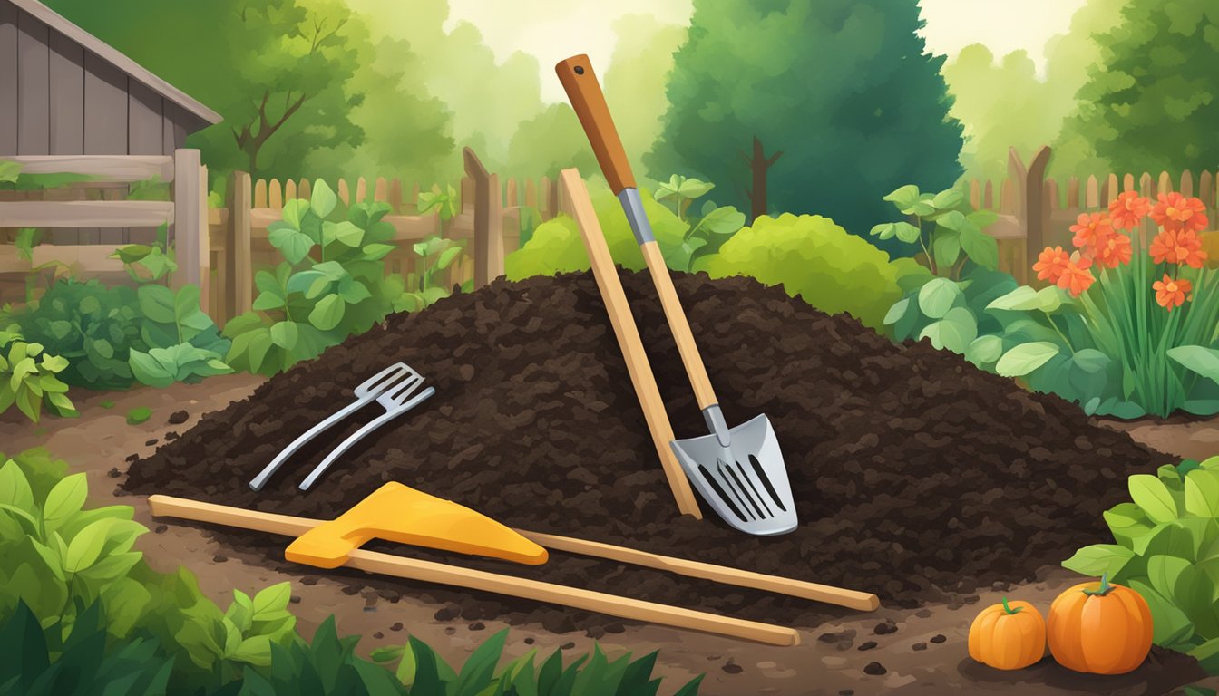 A compost pile surrounded by various organic materials, with a pitchfork and a shovel nearby, set against a backdrop of a lush garden