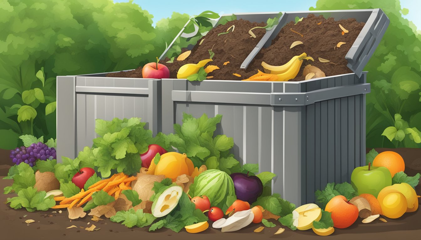 A backyard compost bin surrounded by a variety of organic waste, such as fruit peels, vegetable scraps, and yard clippings