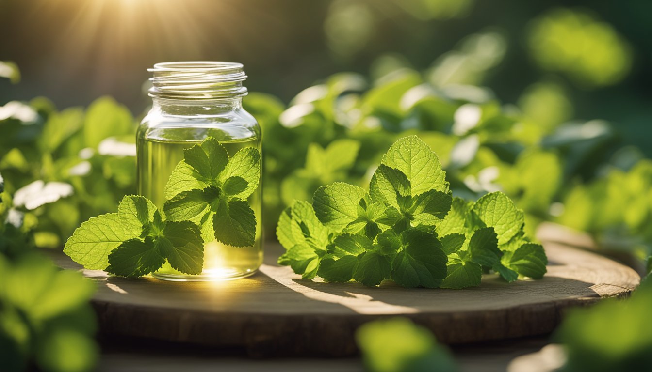 A clear glass bottle of lemon balm tincture gleams in sunlight, encircled by fresh and dried lemon balm sprigs