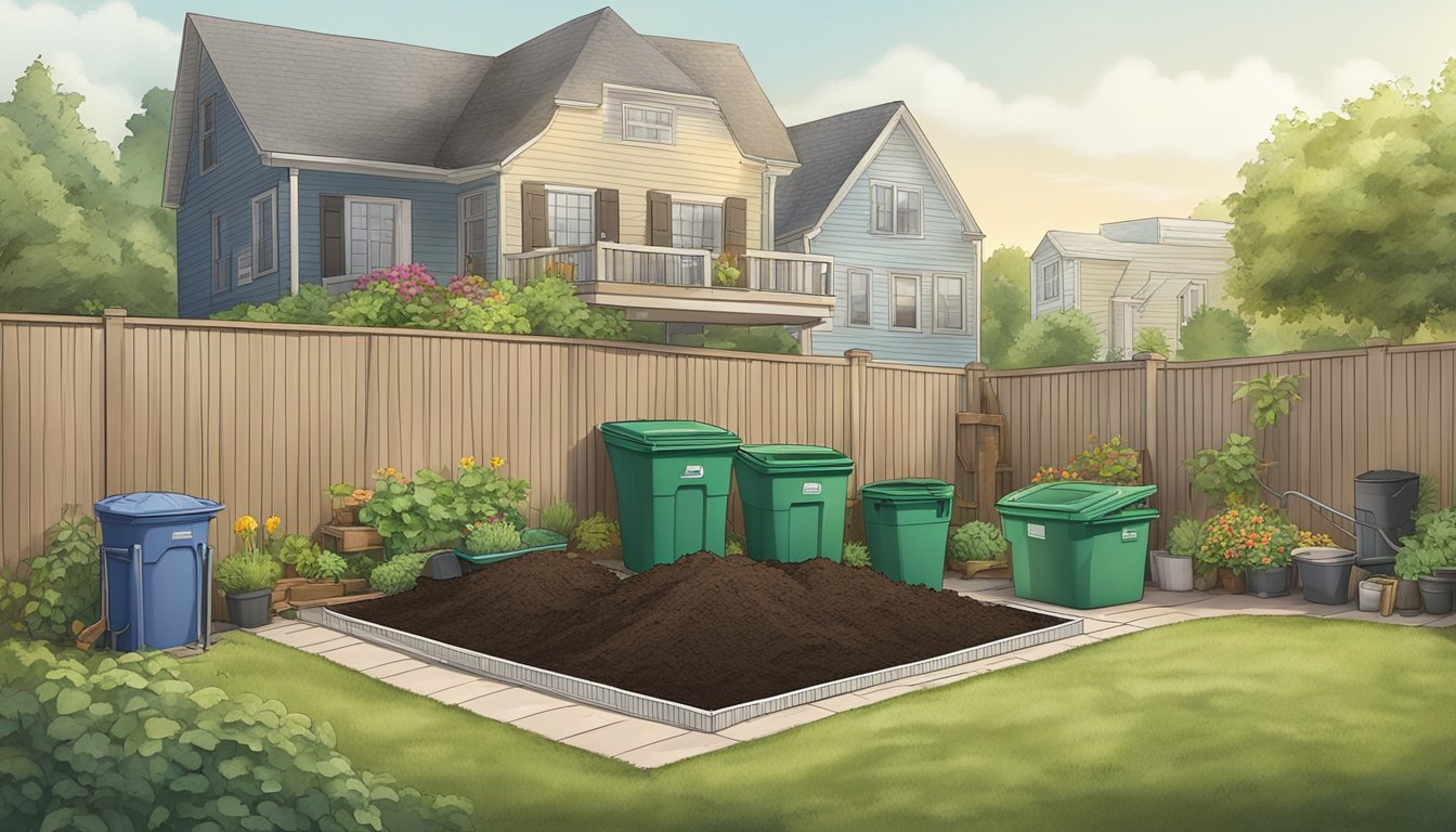 A backyard in Philadelphia with a compost bin, garden tools, and a pile of organic waste ready to be added to the composting system