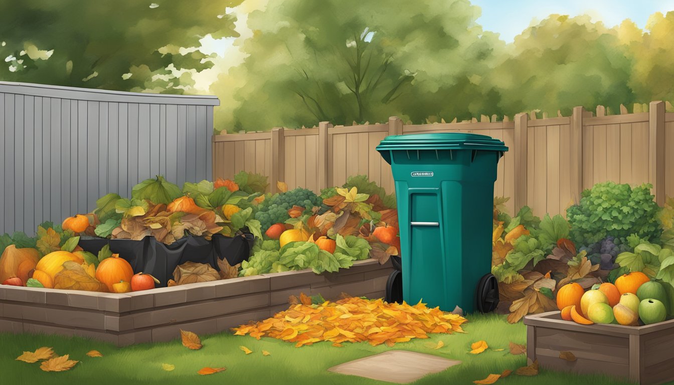 A backyard in Clarksville, TN with a compost bin surrounded by a variety of organic waste, including fruit peels, vegetable scraps, and fallen leaves