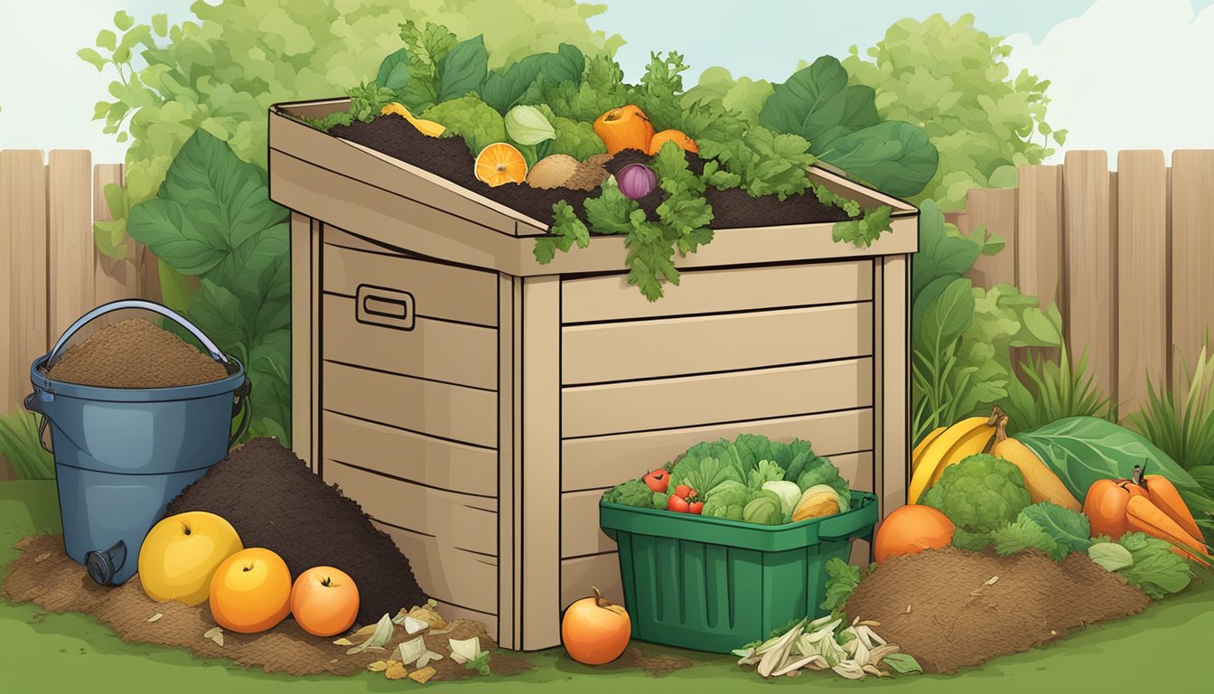 A backyard compost bin surrounded by a variety of organic materials, such as fruit and vegetable scraps, leaves, and grass clippings