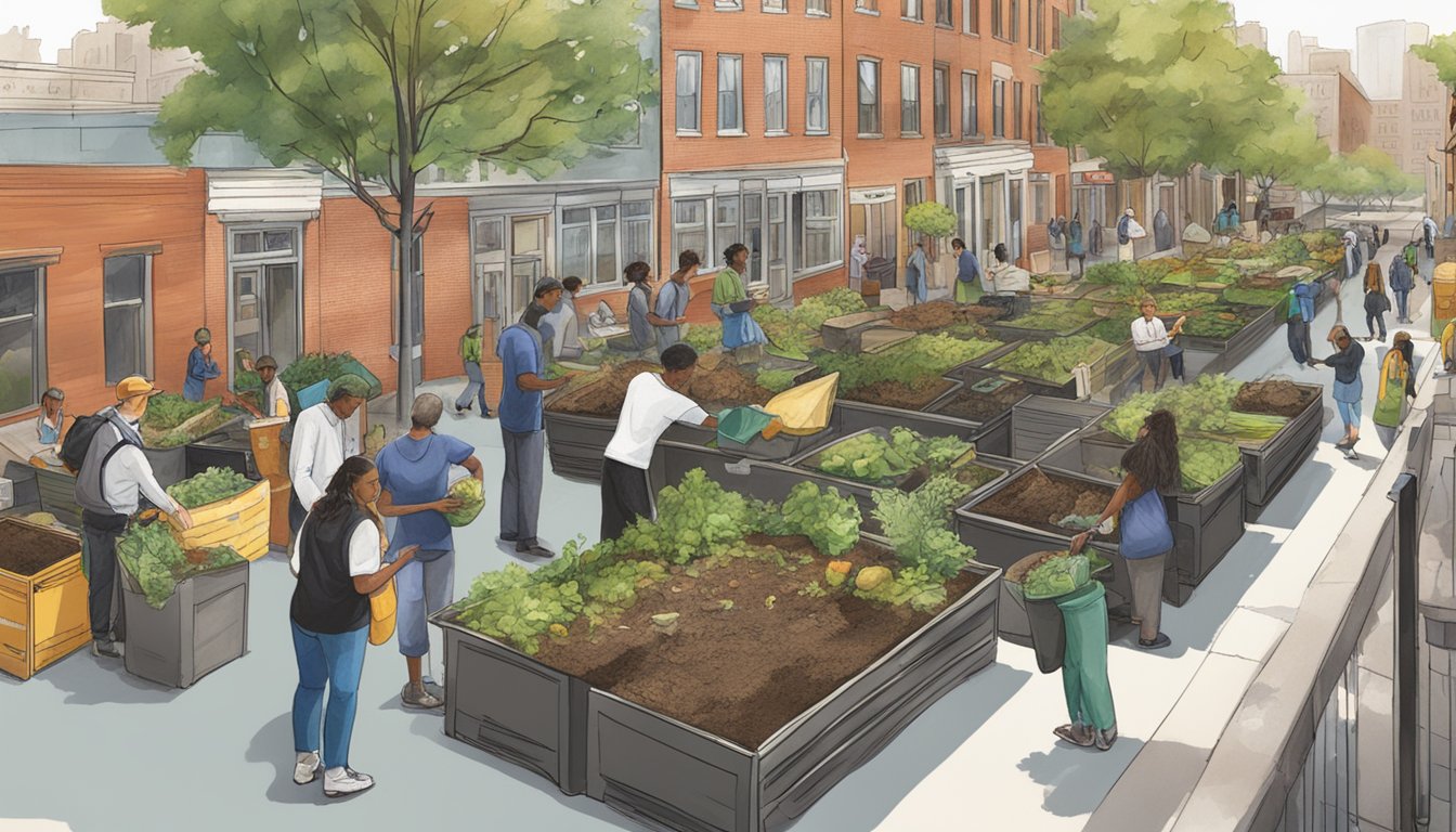 A bustling urban scene with diverse individuals composting at designated public and institutional sites in Philadelphia, PA