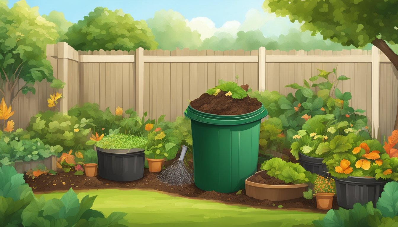 A lush garden with a compost bin, a pile of organic waste, and a variety of composting materials such as leaves, food scraps, and yard trimmings