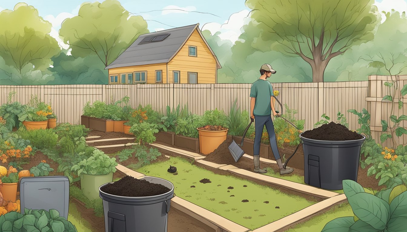 A lush backyard garden with multiple compost bins, a variety of organic waste materials, and a person carefully tending to the composting process