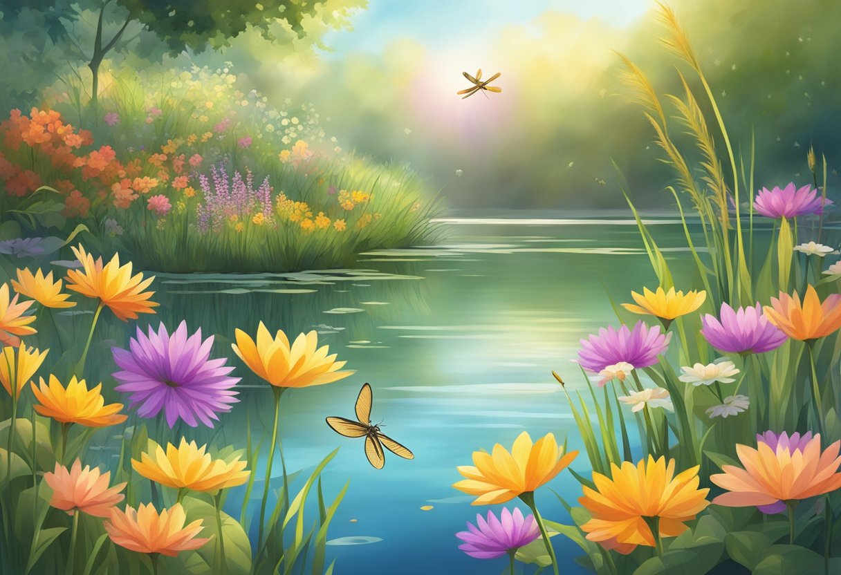 A garden pond surrounded by colorful flowers and tall grasses, with sunlight reflecting off the water's surface and dragonflies hovering above