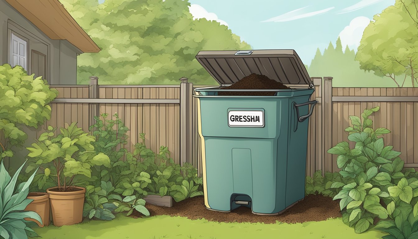 A backyard compost bin surrounded by greenery, with a small sign displaying the Gresham, OR composting regulations