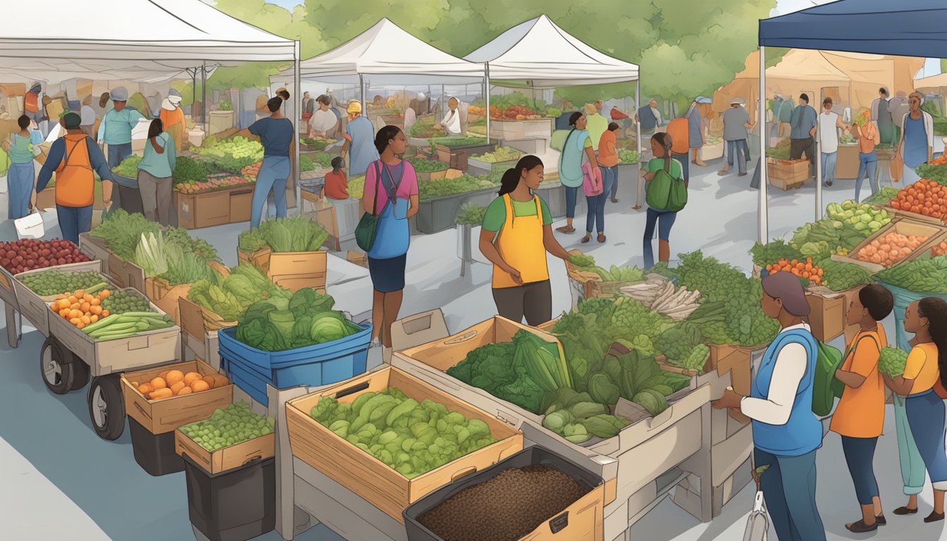 A bustling farmers market with diverse vendors and customers, showcasing composting bins and educational materials