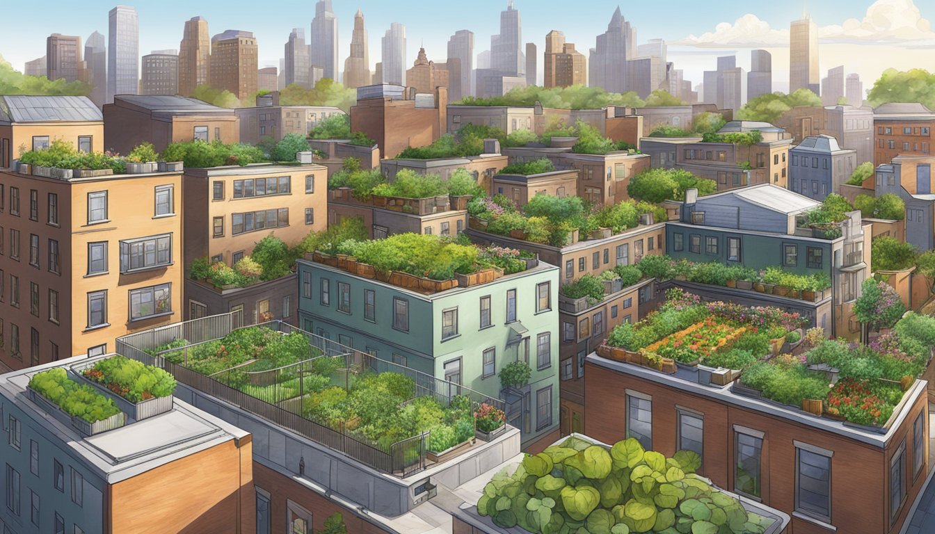 A bustling cityscape with rowhouses and skyscrapers, featuring compost bins in community gardens and on urban rooftops