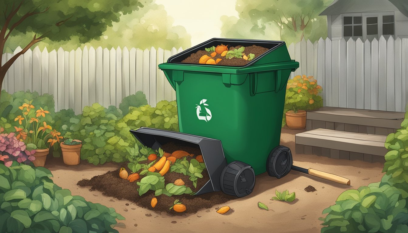 A backyard compost bin surrounded by greenery, with a shovel and a pile of food scraps nearby. A small sign with the words "Compost Beyond the Garden" is visible