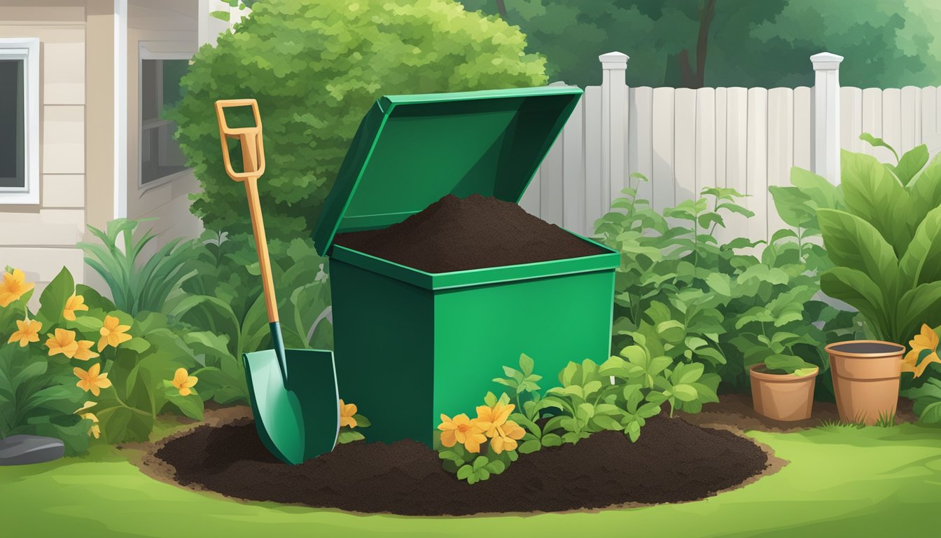 A backyard compost bin surrounded by green plants and a shovel, with a bag of finished compost open nearby