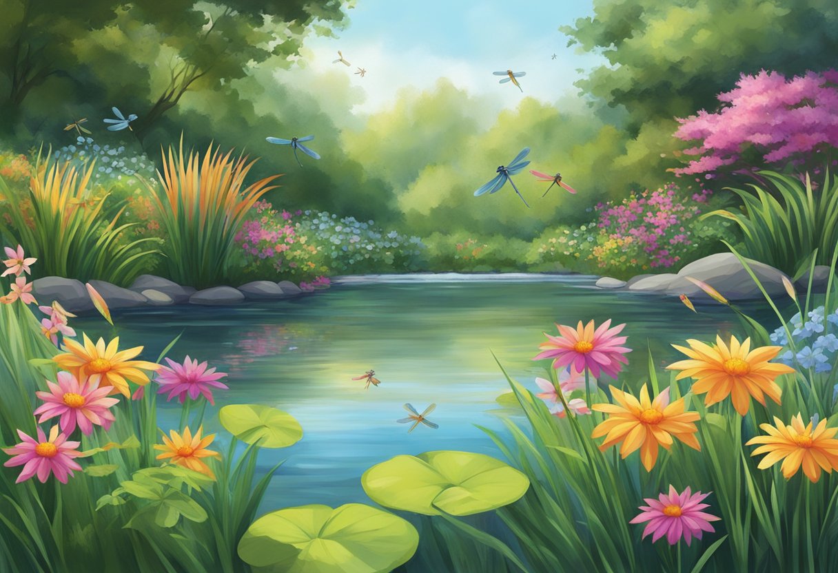 A lush garden pond with colorful flowers and tall grasses, surrounded by dragonflies hovering above the water