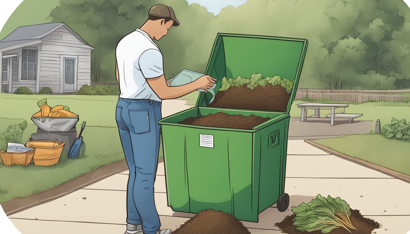 A person placing food scraps into a compost bin next to a guidebook and local resources in Clarksville, TN