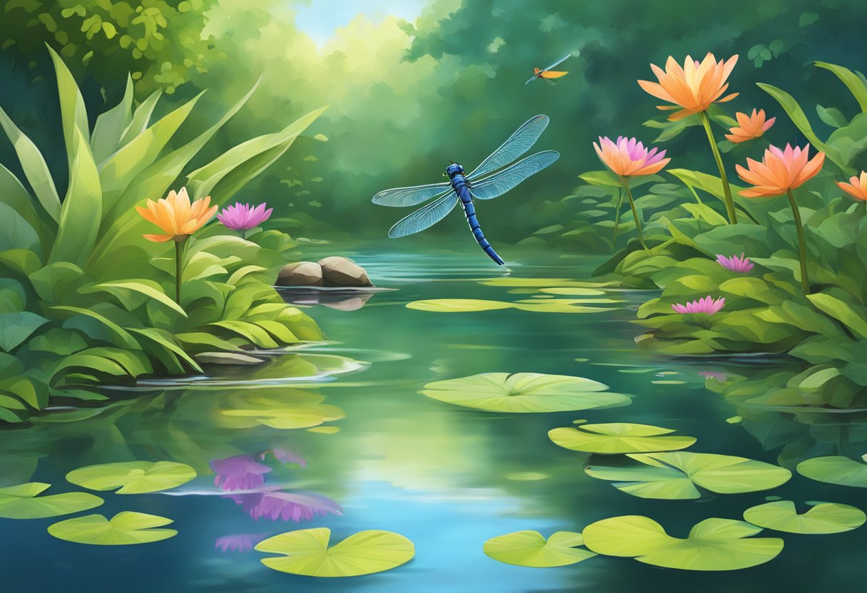 A garden pond with clear, still water surrounded by lush, colorful vegetation, with dragonflies hovering and skimming the surface