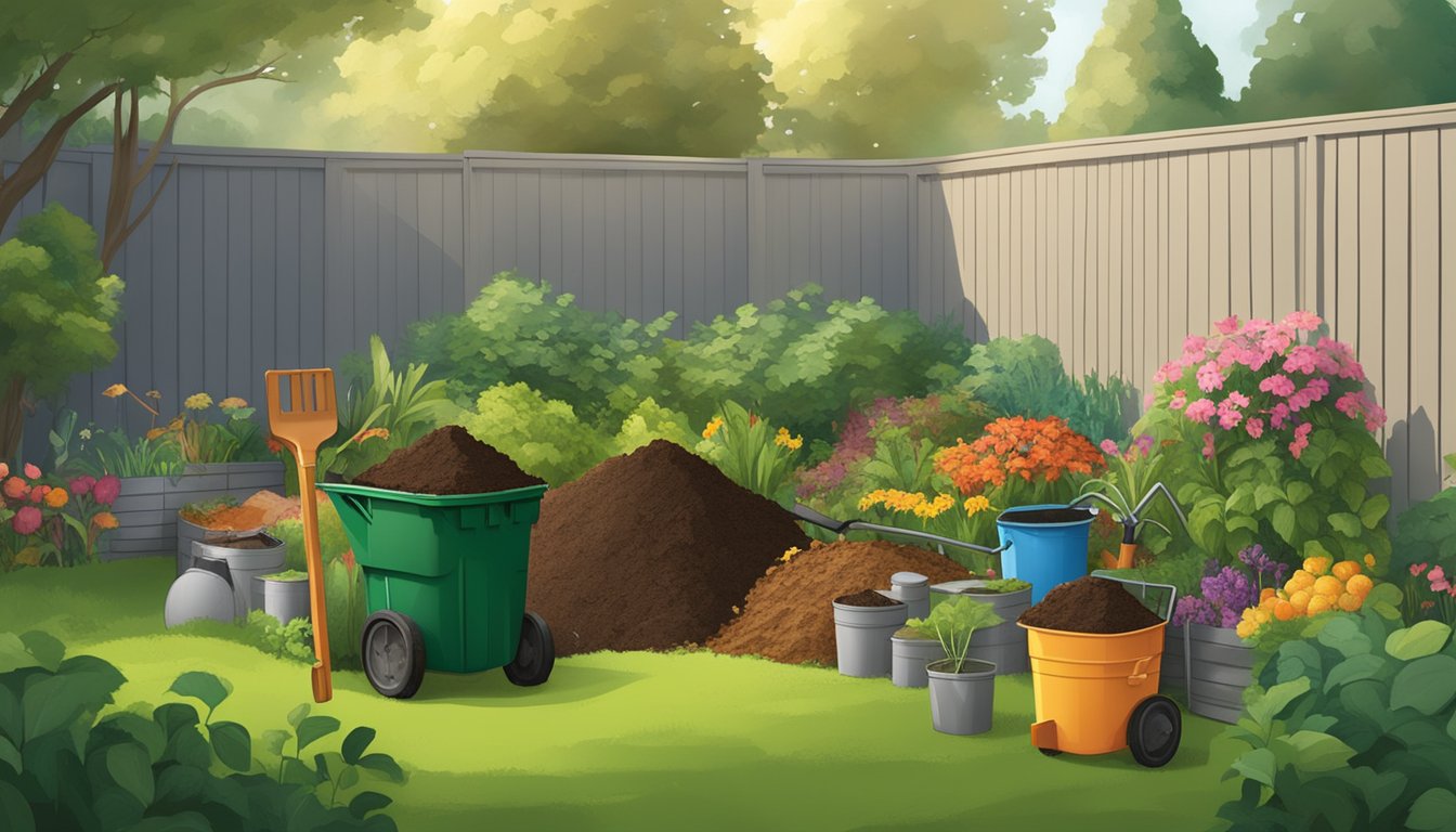 A lush backyard with a compost bin, garden tools, and a variety of organic waste being added to the pile