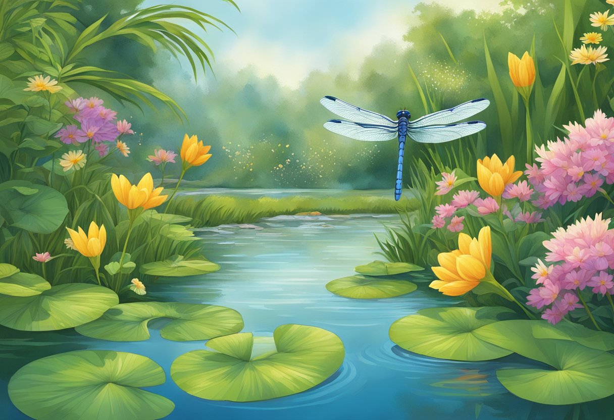 Dragonflies hover above a lush garden pond, surrounded by blooming flowers and tall grasses. A variety of insects flit about, providing a plentiful food source for the dragonflies