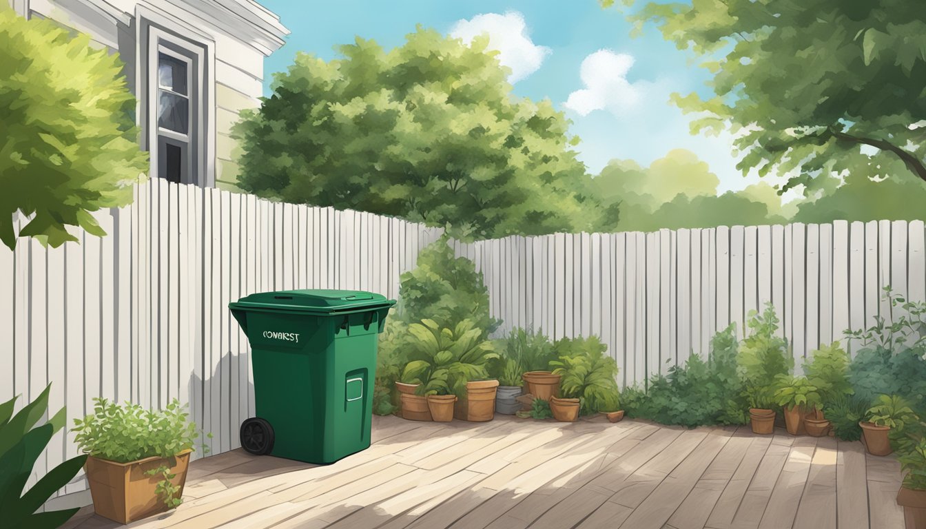 A backyard in Charleston, SC with a compost bin surrounded by greenery and a sunny sky overhead