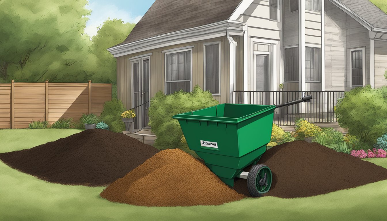 A backyard compost pile with a mix of green and brown materials, a pitchfork, and a composting bin in Murfreesboro, TN