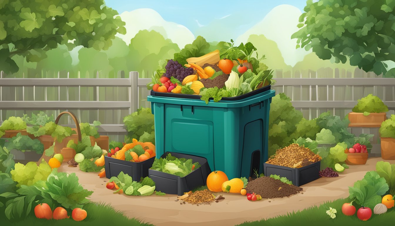 A backyard compost bin surrounded by a variety of organic waste materials, including fruit and vegetable scraps, leaves, and grass clippings