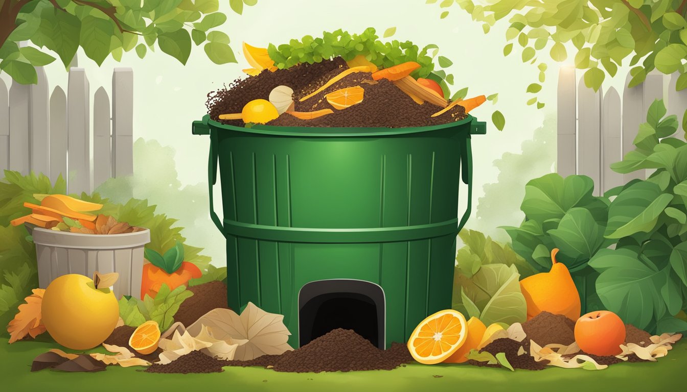 A backyard compost bin filled with food scraps and yard waste, surrounded by a variety of compostable materials such as fruit peels, coffee grounds, and leaves