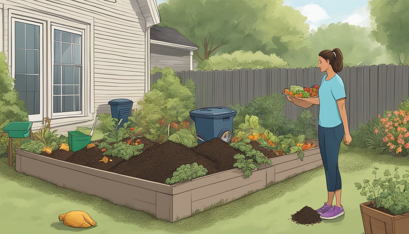 A backyard in Murfreesboro, TN with a compost bin surrounded by greenery and a person adding food scraps and yard waste to the pile