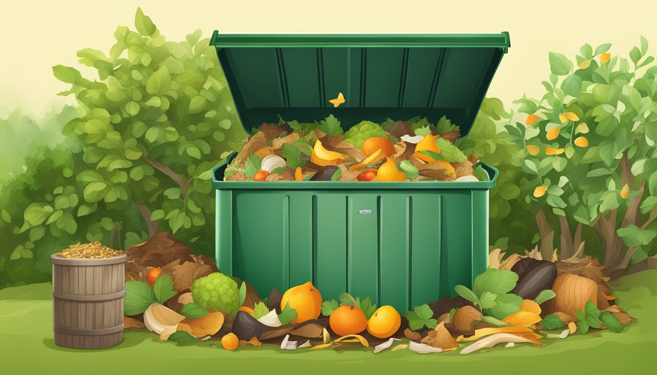 A backyard compost bin surrounded by a variety of organic waste, including fruit peels, vegetable scraps, and yard clippings