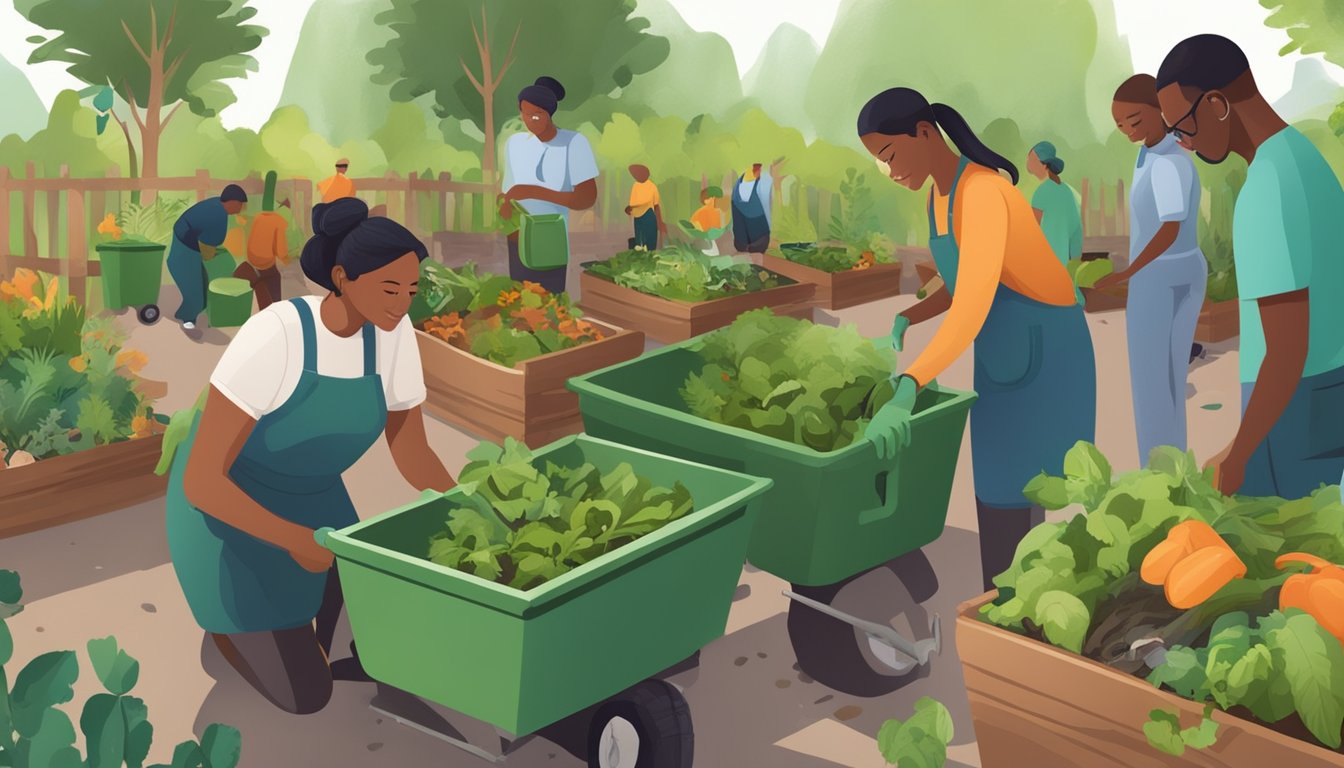 A group of people in Salemor work together to compost, sorting organic waste into designated bins and tending to a thriving community garden