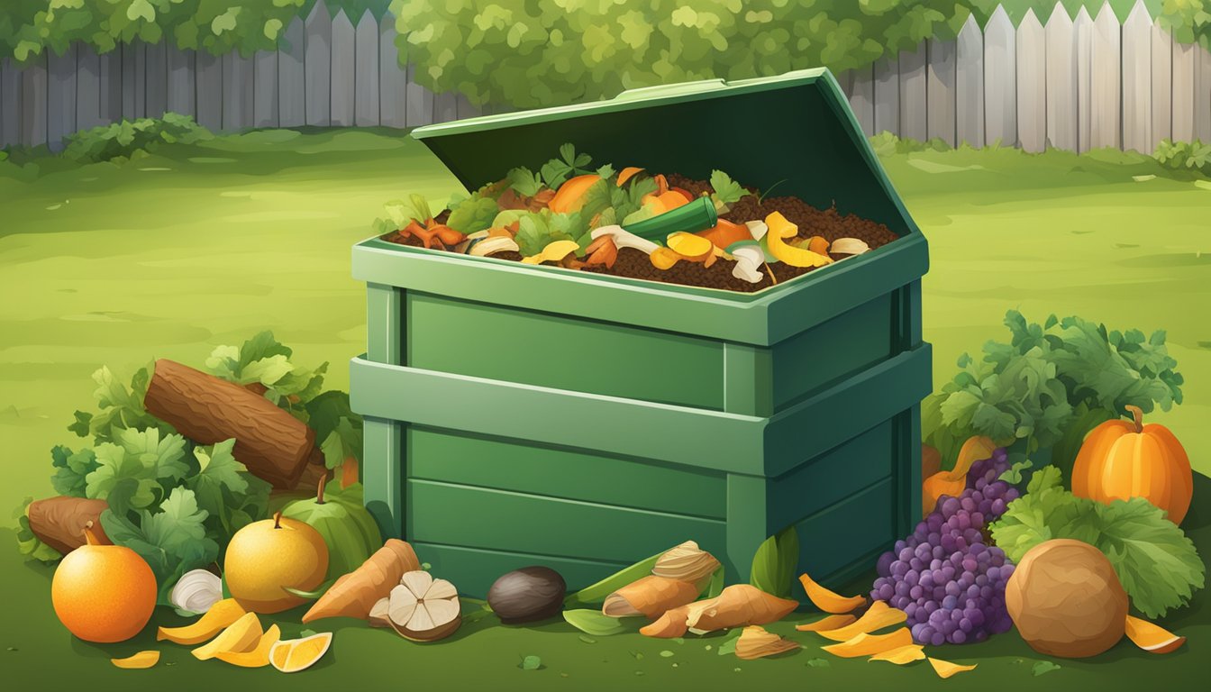 A backyard compost bin surrounded by a variety of organic waste, including fruit peels, vegetable scraps, and yard clippings