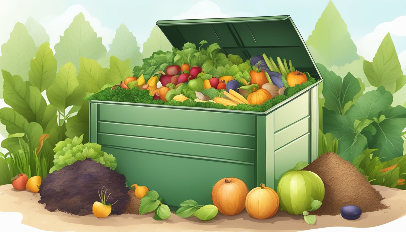 A backyard compost bin surrounded by a variety of organic waste materials, such as fruit and vegetable scraps, leaves, and grass clippings