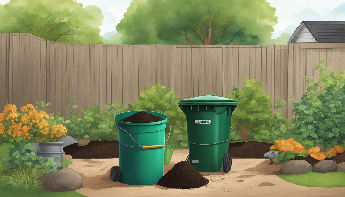 A backyard in Allen, TX with a compost bin, a variety of organic waste, and a small shovel for turning the compost