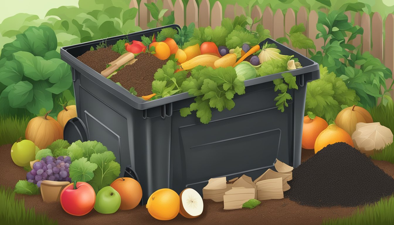 A backyard compost bin surrounded by a variety of organic materials, including fruit and vegetable scraps, leaves, and grass clippings, with a small shovel nearby