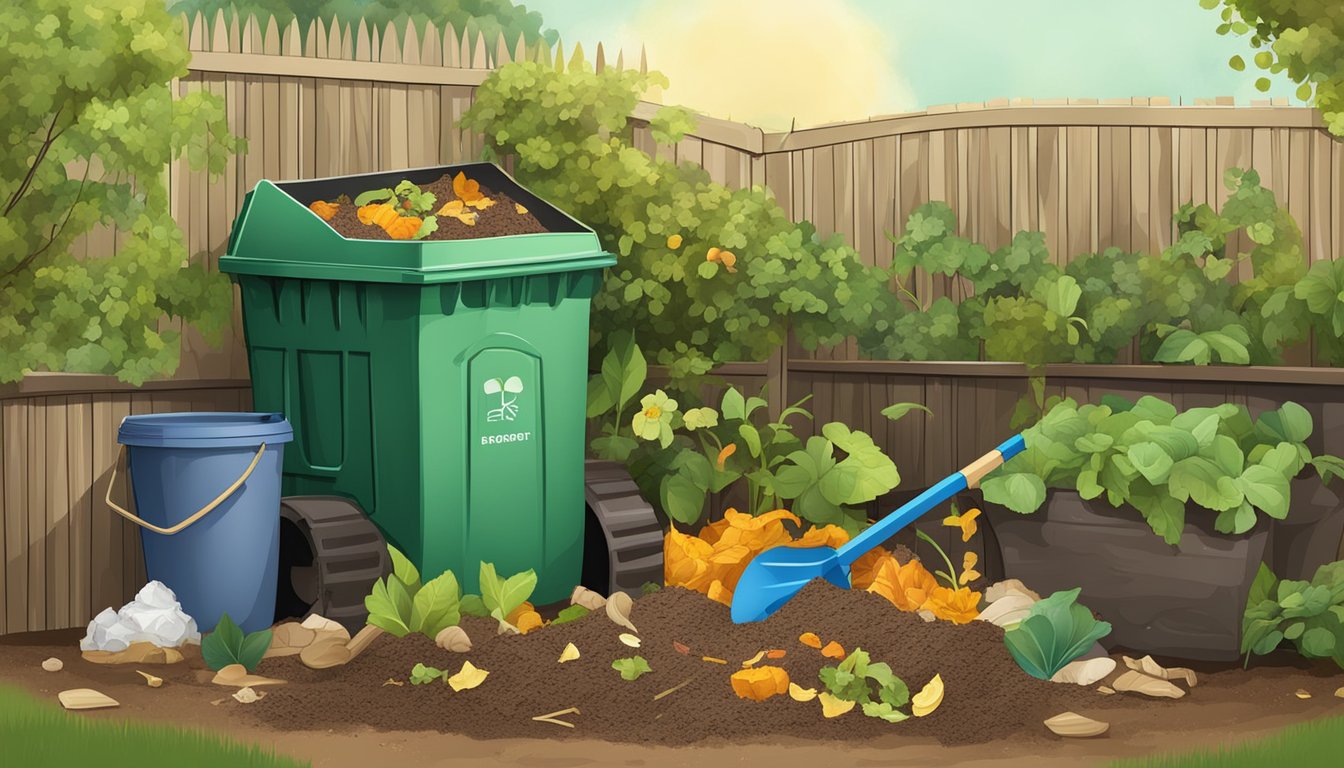 A backyard compost bin surrounded by various organic waste materials and a shovel