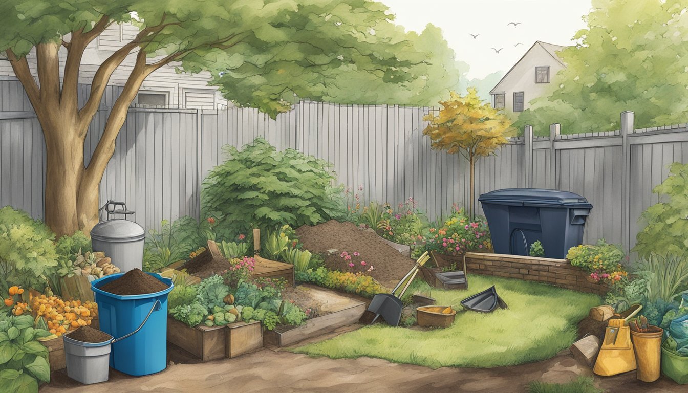 A backyard in Pittsburgh, PA with a compost bin, garden tools, and a variety of organic waste being added to the bin