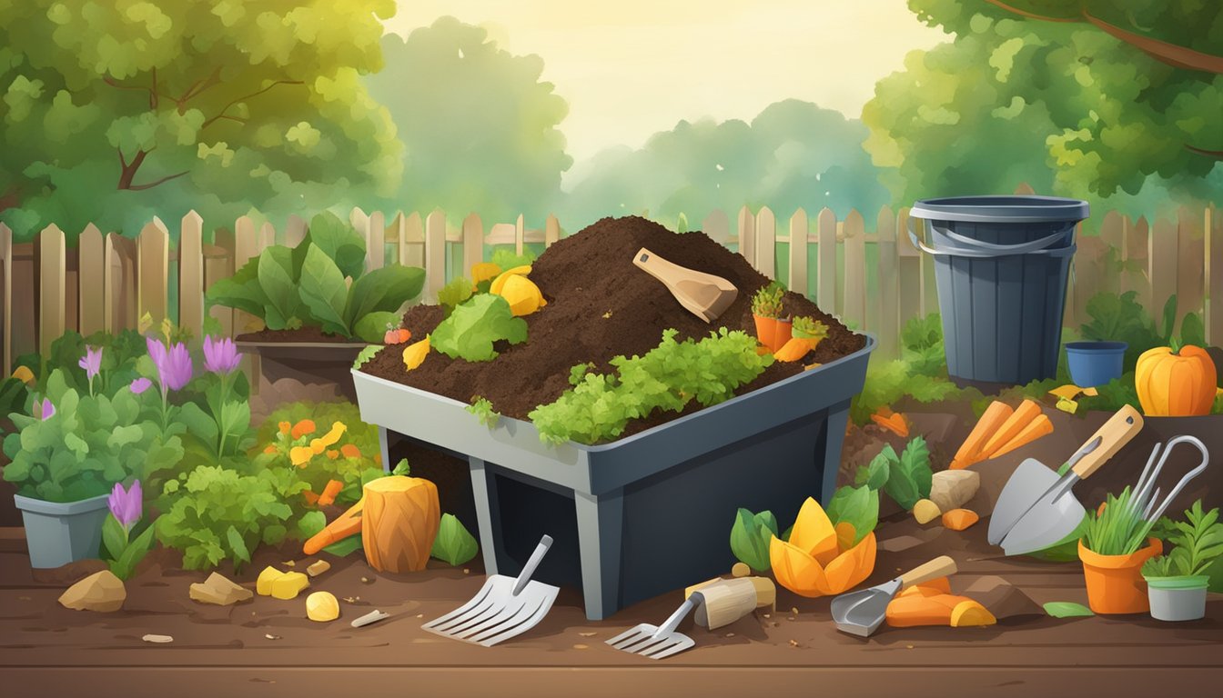 A backyard compost bin surrounded by various types of organic waste, with a shovel and gardening tools nearby