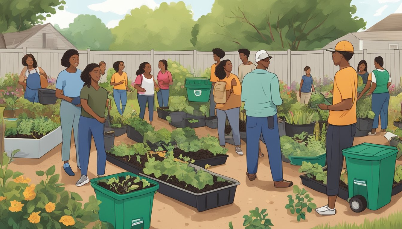 A group of people in Allen, TX, are gathered in a community garden, learning about composting from an instructor. They are surrounded by bins of organic waste and gardening tools