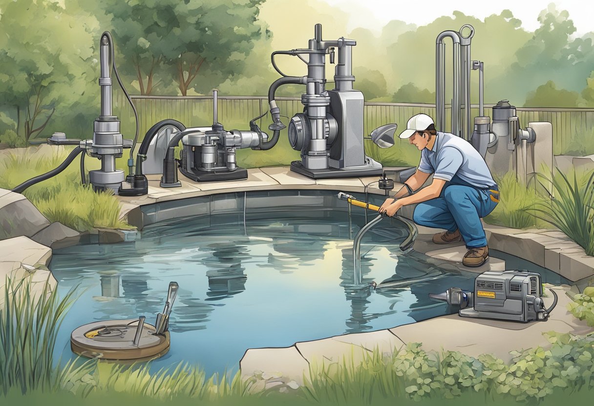 A pond pump surrounded by tools and equipment, with a person troubleshooting and performing maintenance tasks