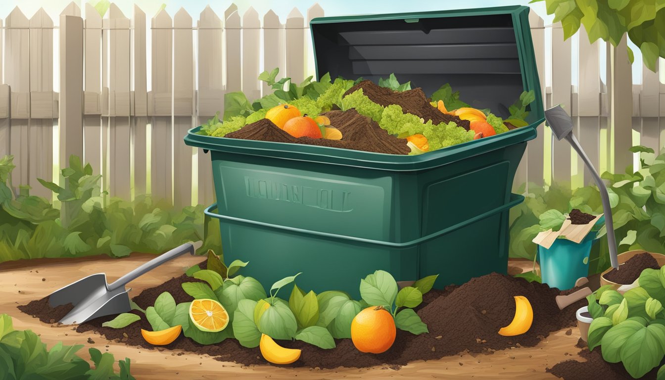 A backyard compost bin surrounded by a variety of organic waste, such as fruit peels, coffee grounds, and yard clippings, with a shovel and gardening gloves nearby