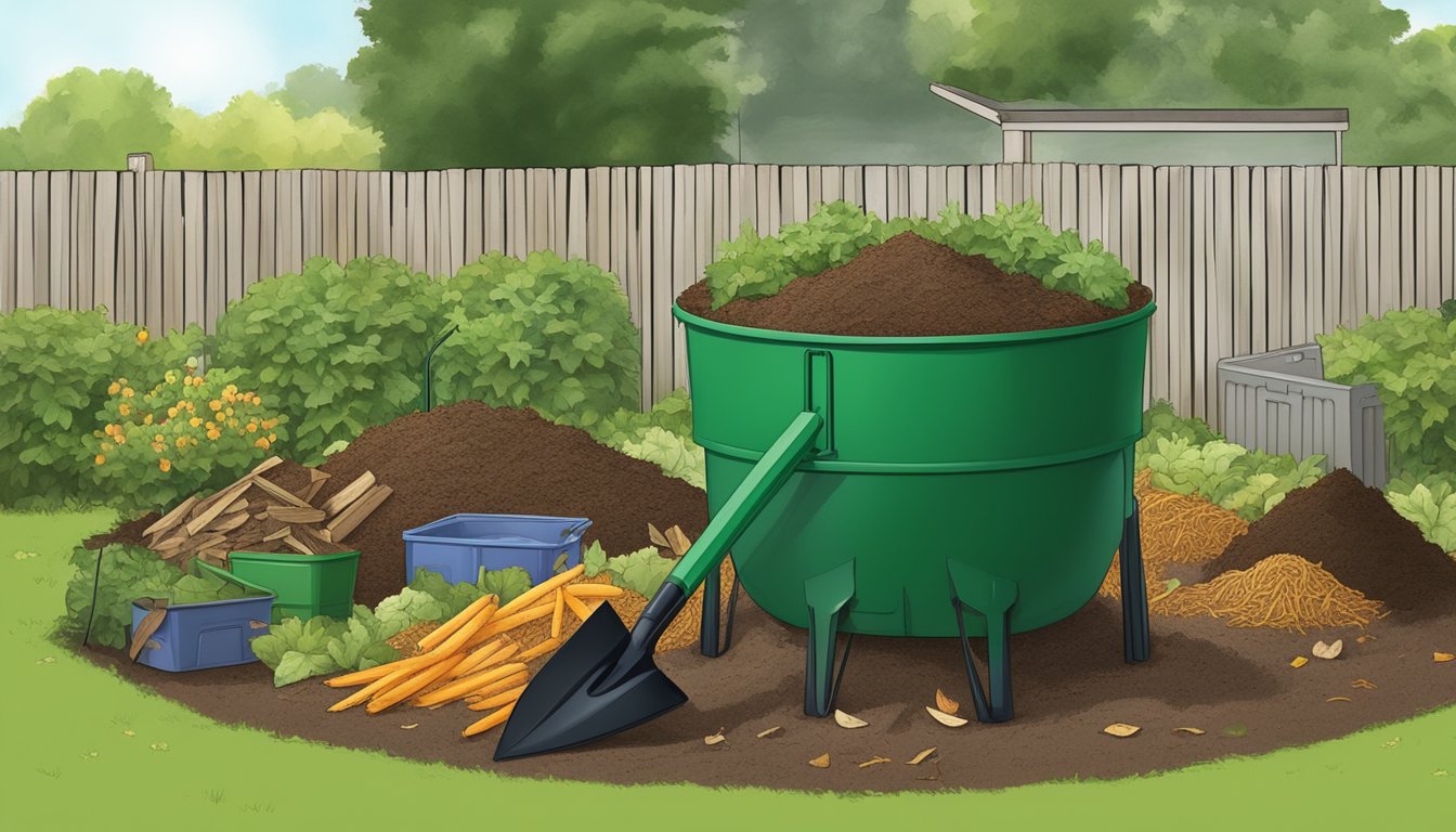 A backyard compost pile with a mix of food scraps and yard waste, surrounded by a compost bin and shovel in a Pittsburgh, PA backyard