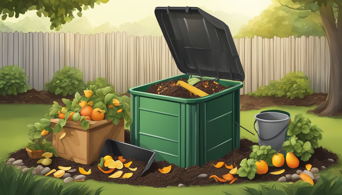 A backyard compost bin surrounded by a variety of organic waste materials, such as fruit peels, coffee grounds, and yard clippings, with a shovel and gardening gloves nearby