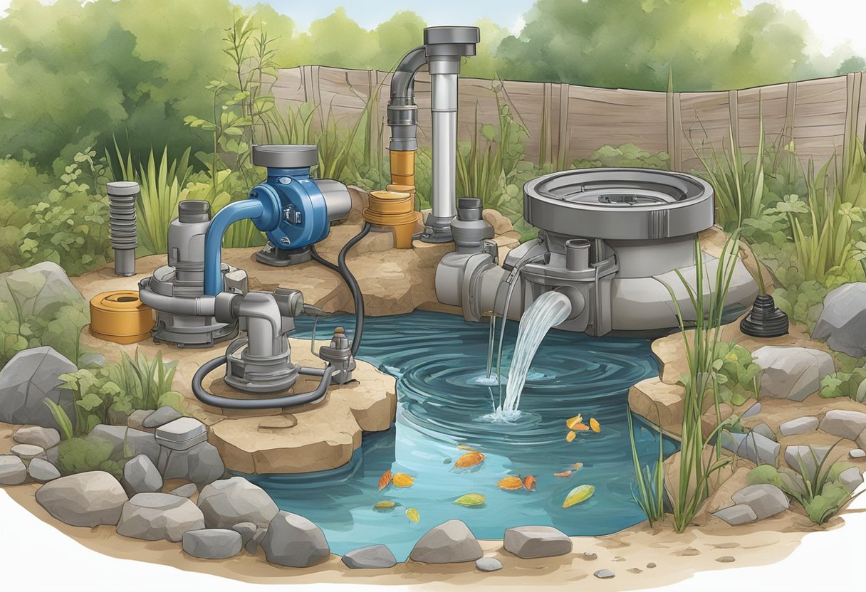 A pond pump surrounded by various tools and equipment, with water flow issues being diagnosed and troubleshooted by a person