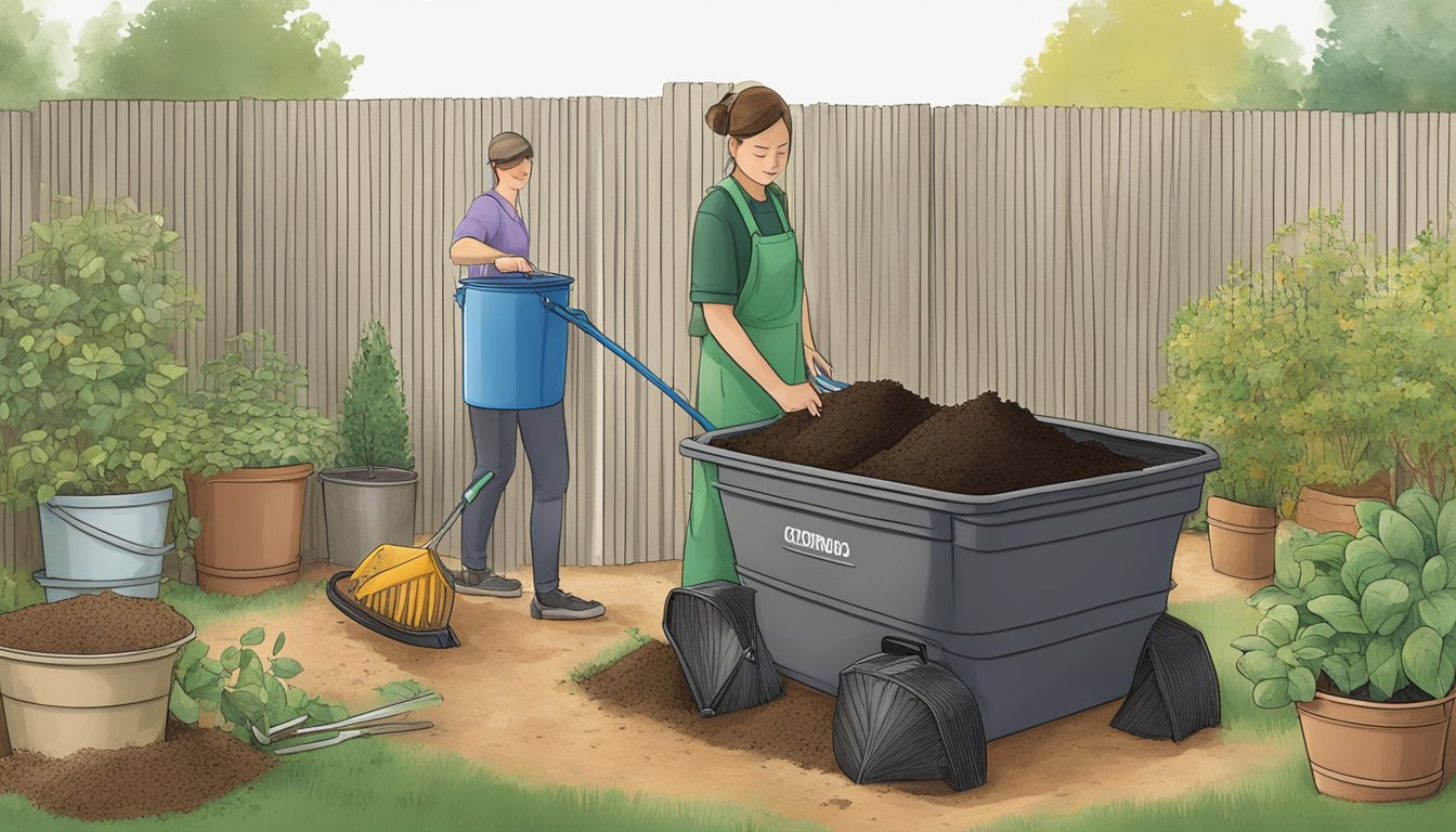 A person composting in a backyard, following regulations outlined in a guidebook. Compost bin, garden tools, and a guidebook are visible